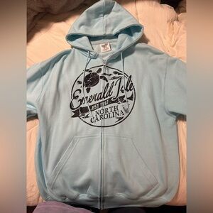 M Pacific & Co Heather ice blue zip up sweater with hoodie. Emerald Isle logo